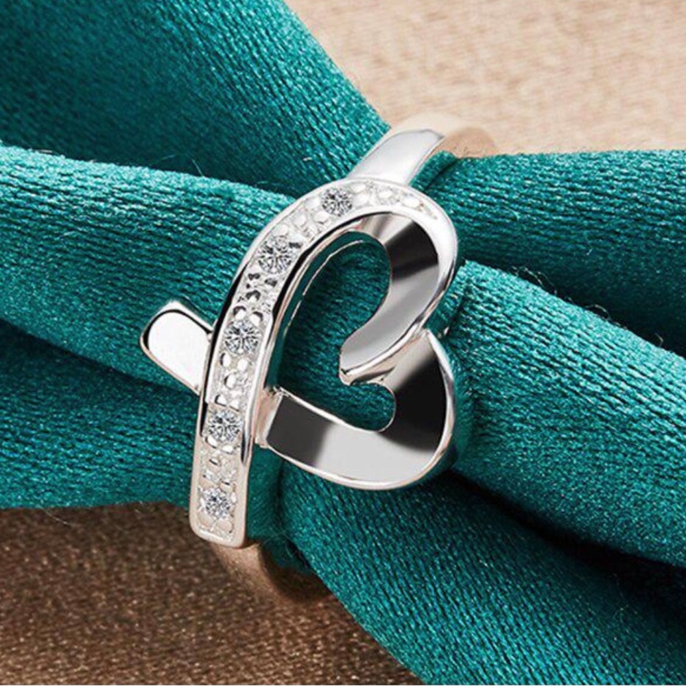 Silver Heart Accent Ring with Clear Stones - Women